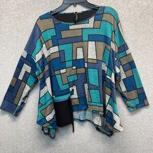IC‎ By Connie K Top Womens Large Blue Abstract Art Colorblock Long Sleeve
